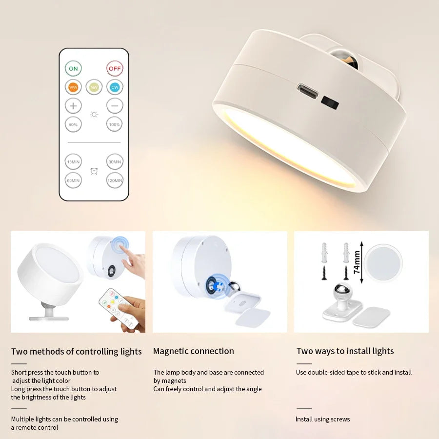 360°Rotatable LED Wall Lamp Rechargeable RGB&3Color Magnetic LED Spotlight Touch Remote Control For Bedroom Living Room Lighting